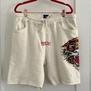 Ed Hardy Cream Athletic Shorts with Tiger Graphic